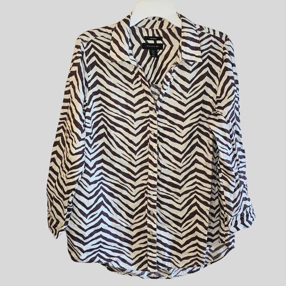 Tahari Tops - Tahari Linen Shirt Women's 1X Zebra Stripe Brown Cream Button Up Roll Tab Top